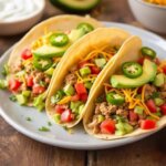 Ground turkey tacos with lettuce, tomatoes, red onion, and avocado in soft tortillas
