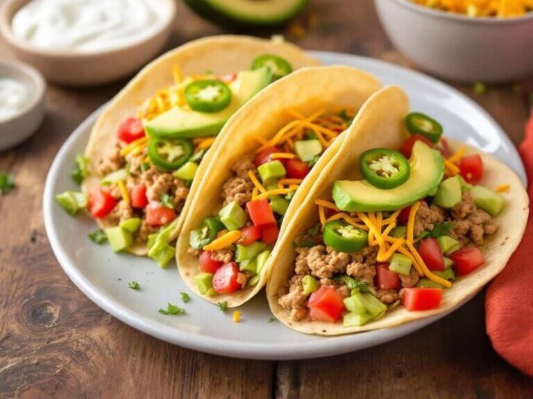 Ground turkey tacos with lettuce, tomatoes, red onion, and avocado in soft tortillas
