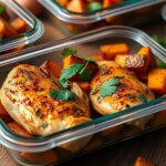 Baked chicken breasts served with roasted sweet potatoes in glass meal prep containers