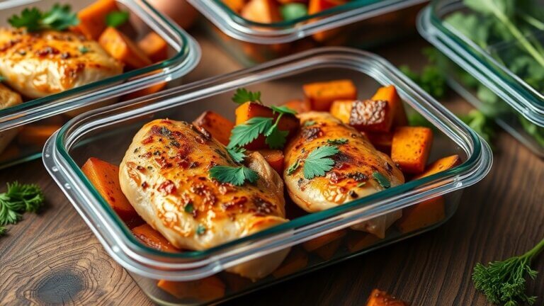 Baked chicken breasts served with roasted sweet potatoes in glass meal prep containers