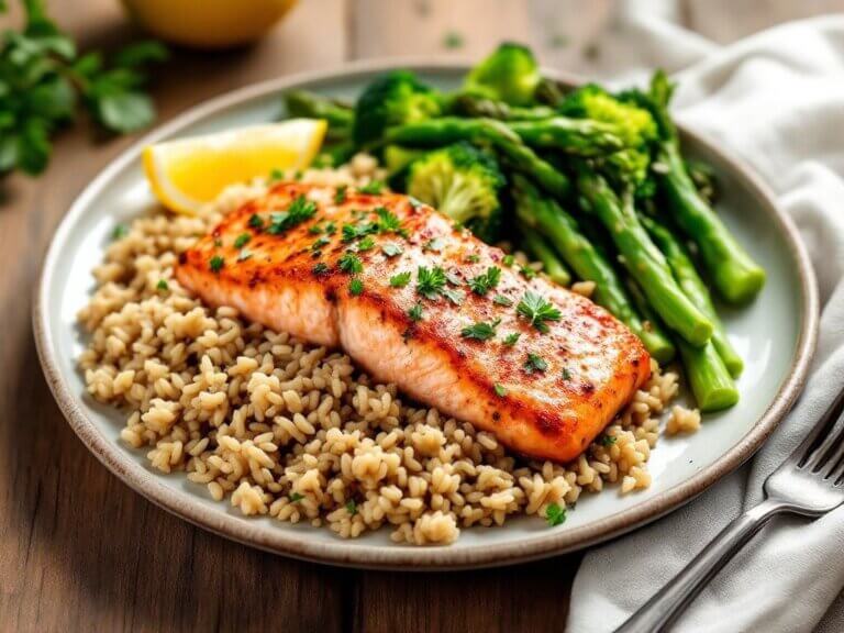 Baked Salmon with Brown Rice Healthy Dinner