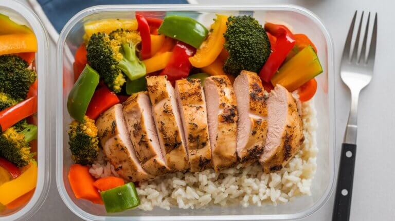 Healthy chicken and rice meal prep bowls with sliced chicken breast, rice, and colorful vegetables in meal prep containers