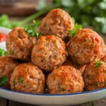 Baked turkey meatballs garnished with fresh parsley served on a plate, healthy high-protein meal prep option
