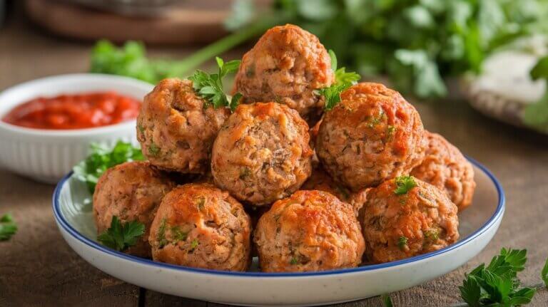 Baked turkey meatballs garnished with fresh parsley served on a plate, healthy high-protein meal prep option