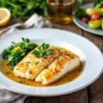Pan-seared lemon butter tilapia fillets served with fresh herbs and vegetables
