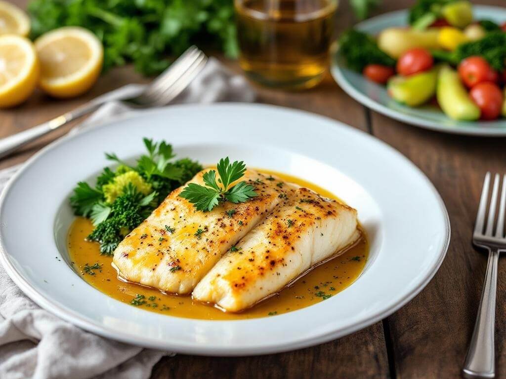 Pan-seared lemon butter tilapia fillets served with fresh herbs and vegetables