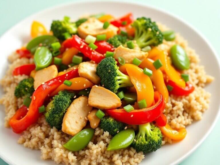 Healthy chicken stir fry made with tender chicken breast and colorful vegetables served over brown rice