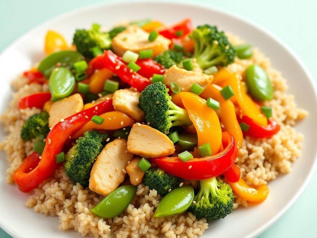 Healthy chicken stir fry made with tender chicken breast and colorful vegetables served over brown rice