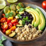 healthy quinoa veggie power bowl topped with roasted vegetables, black beans, avocado, and fresh herbs