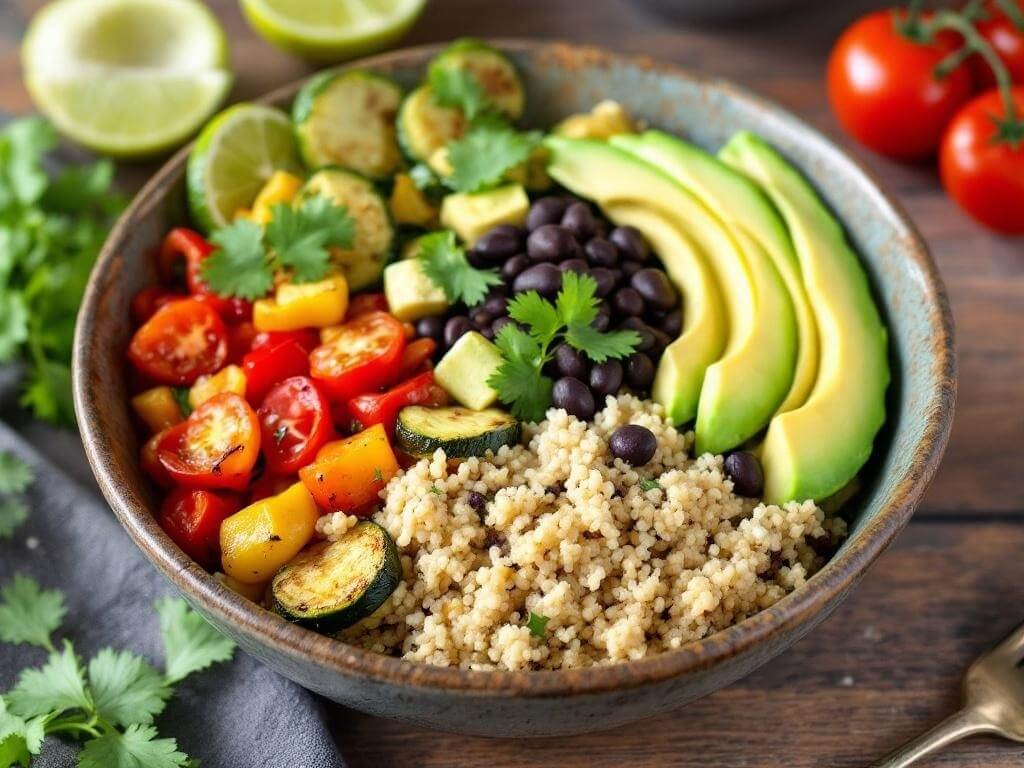 healthy quinoa veggie power bowl topped with roasted vegetables, black beans, avocado, and fresh herbs