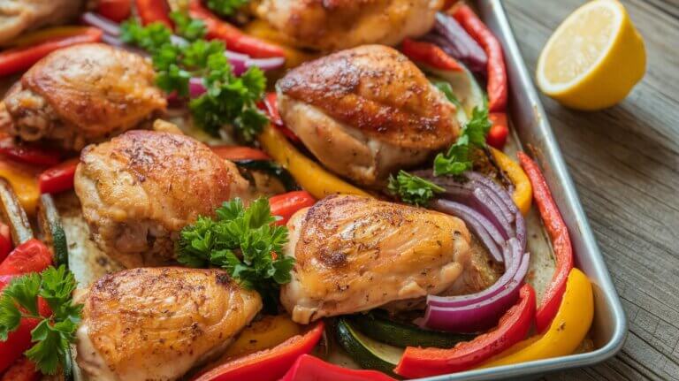 Sheet pan Greek chicken roasted with bell peppers, red onion, and zucchini, garnished with fresh parsley and lemon