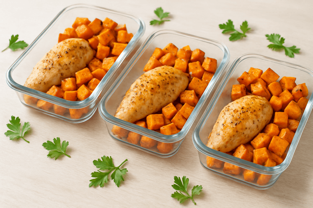 Baked chicken and sweet potato meal prep in glass containers