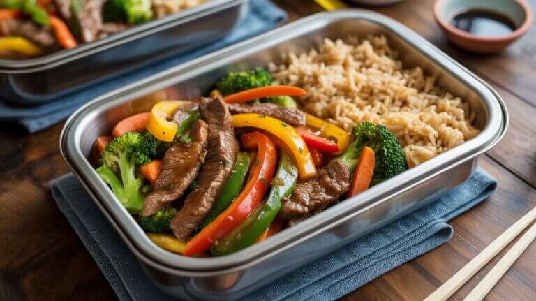 Beef and vegetable stir fry meal prep bowls with bell peppers, broccoli, carrots, and brown rice