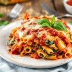Cheesy baked ziti with spinach layered with marinara sauce, ricotta, and melted mozzarella