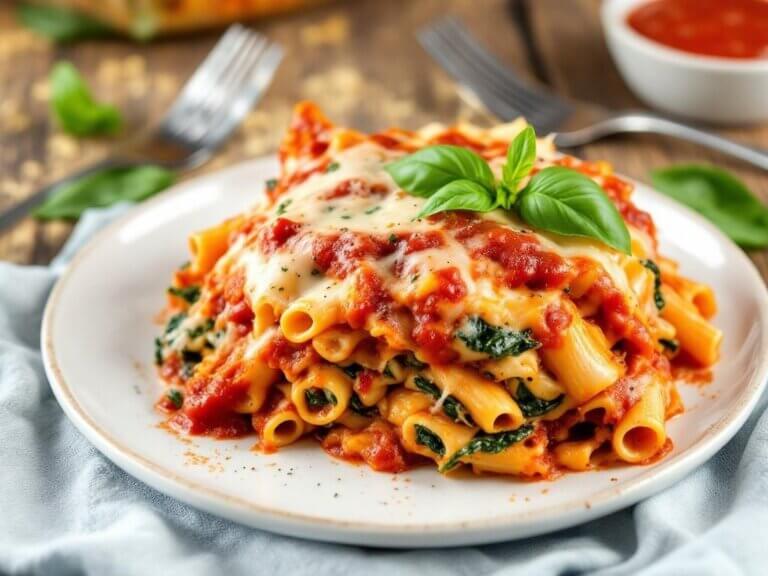 Cheesy baked ziti with spinach layered with marinara sauce, ricotta, and melted mozzarella