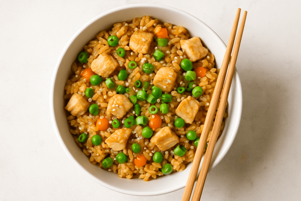 chicken fried rice in a white bowl with green onions and sesame seeds