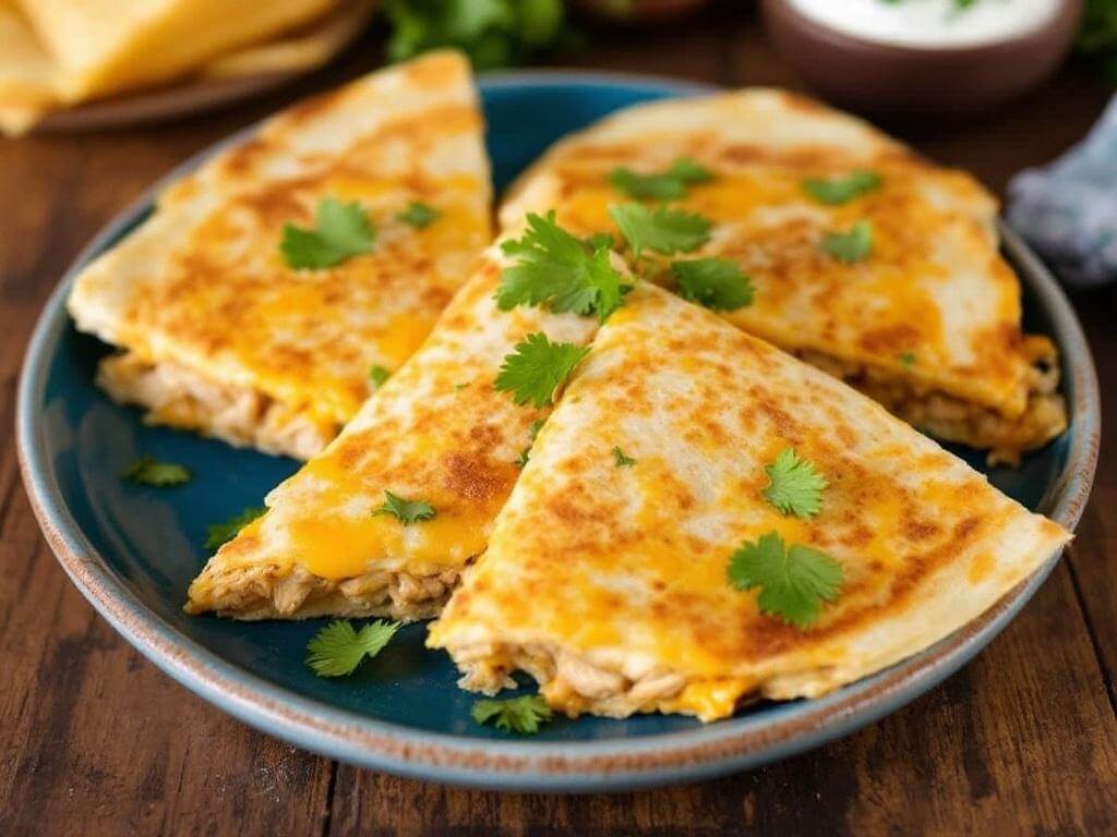 easy cheesy chicken quesadillas cooked until golden and crispy on a plate