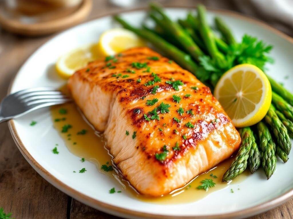 Garlic butter salmon fillet served with asparagus and lemon on a plate