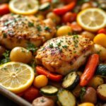 One-pan lemon garlic chicken and vegetables baked on a sheet pan
