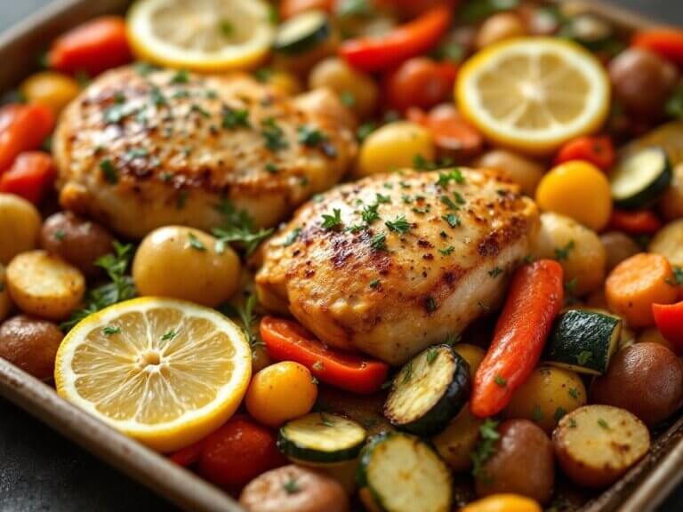 One-pan lemon garlic chicken and vegetables baked on a sheet pan