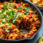 quick beef taco skillet made with seasoned ground beef, bell peppers, tomatoes, and melted cheese in a cast iron pan