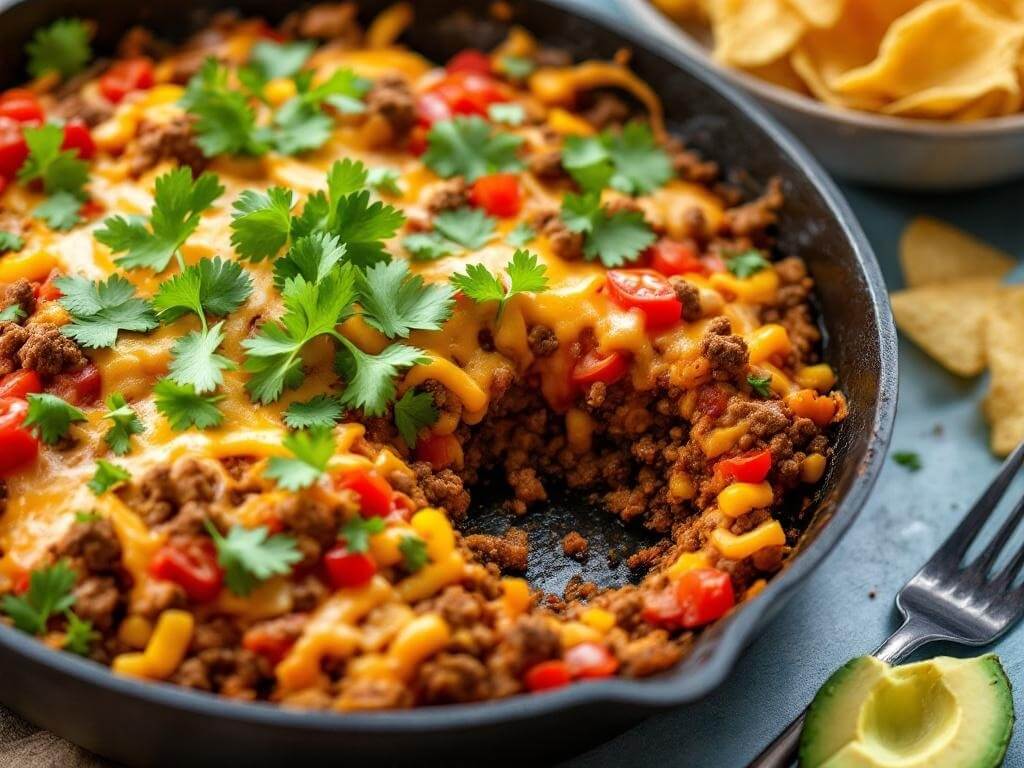 quick beef taco skillet made with seasoned ground beef, bell peppers, tomatoes, and melted cheese in a cast iron pan