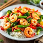 Quick shrimp and vegetable stir fry cooked in a skillet with bell peppers, broccoli, and snap peas