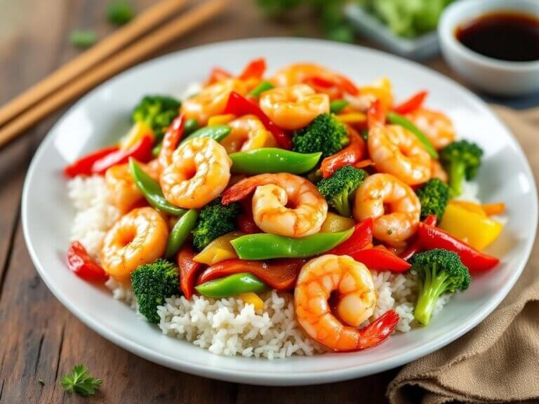 Quick shrimp and vegetable stir fry cooked in a skillet with bell peppers, broccoli, and snap peas