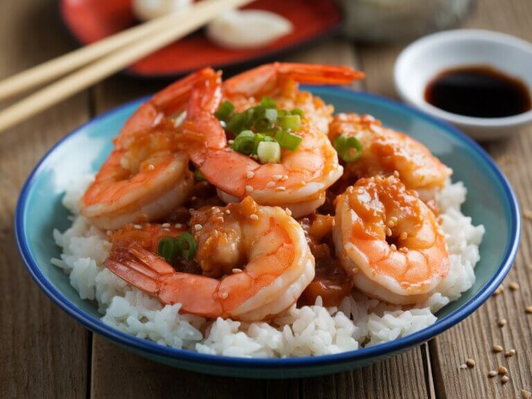 Honey garlic shrimp cooked in a skillet with a glossy sauce