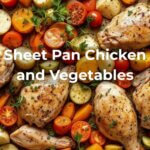 Sheet pan chicken and vegetables on a baking sheet