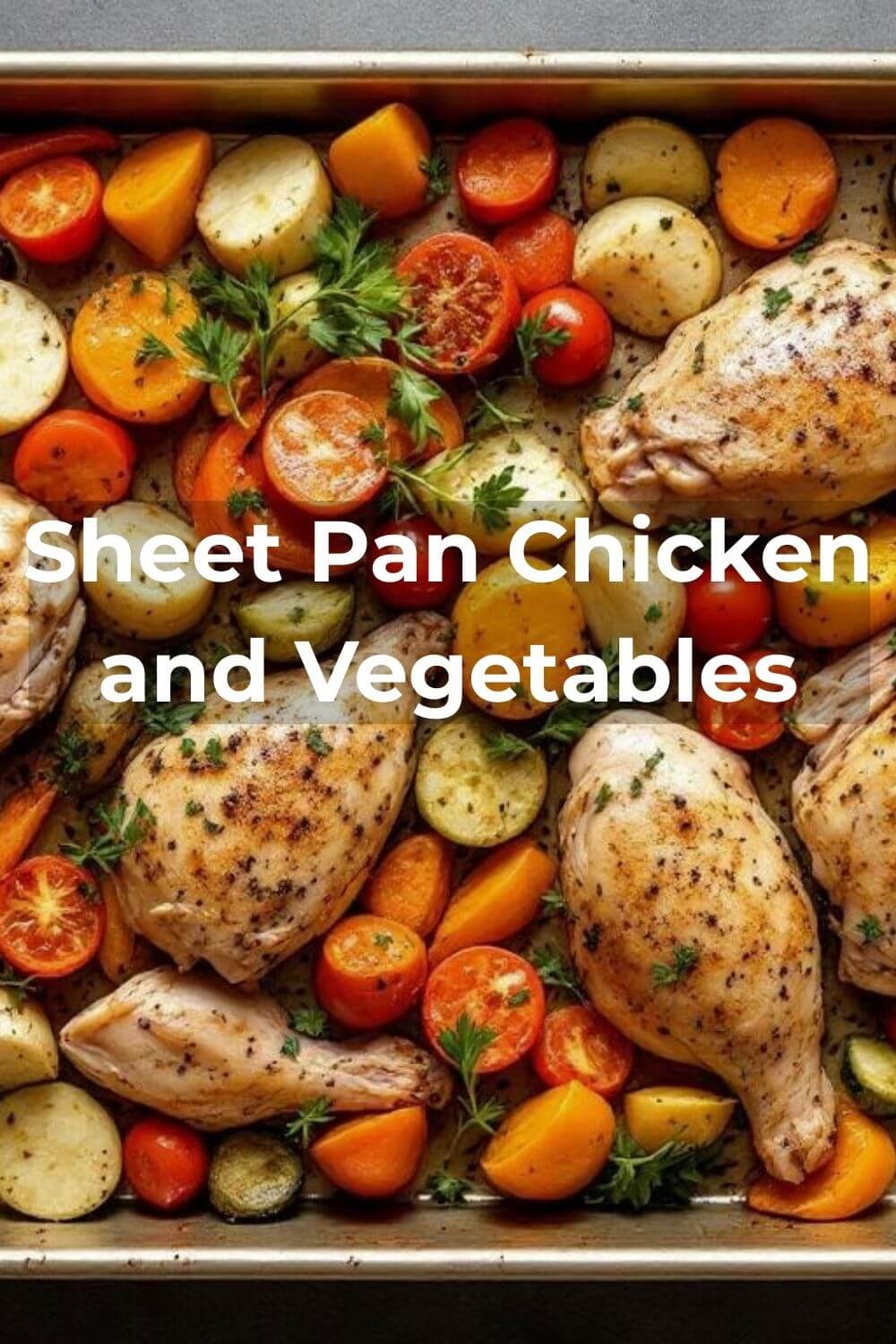 Sheet pan chicken and vegetables on a baking sheet