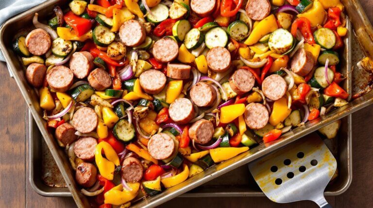 sheet pan sausage and vegetables roasted with bell peppers, zucchini, and red onion