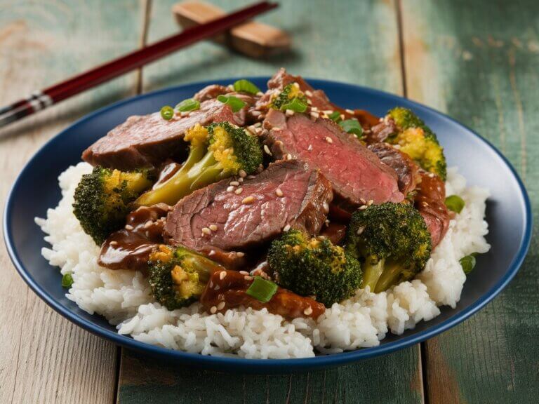 beef and broccoli stir fry cooked in a skillet with tender beef and fresh broccoli