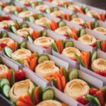 Veggie and hummus snack boxes with fresh vegetables and individual portions of hummus arranged for healthy meal prep