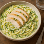 Zucchini noodle chicken alfredo with creamy sauce and sliced chicken breast served in a bowl