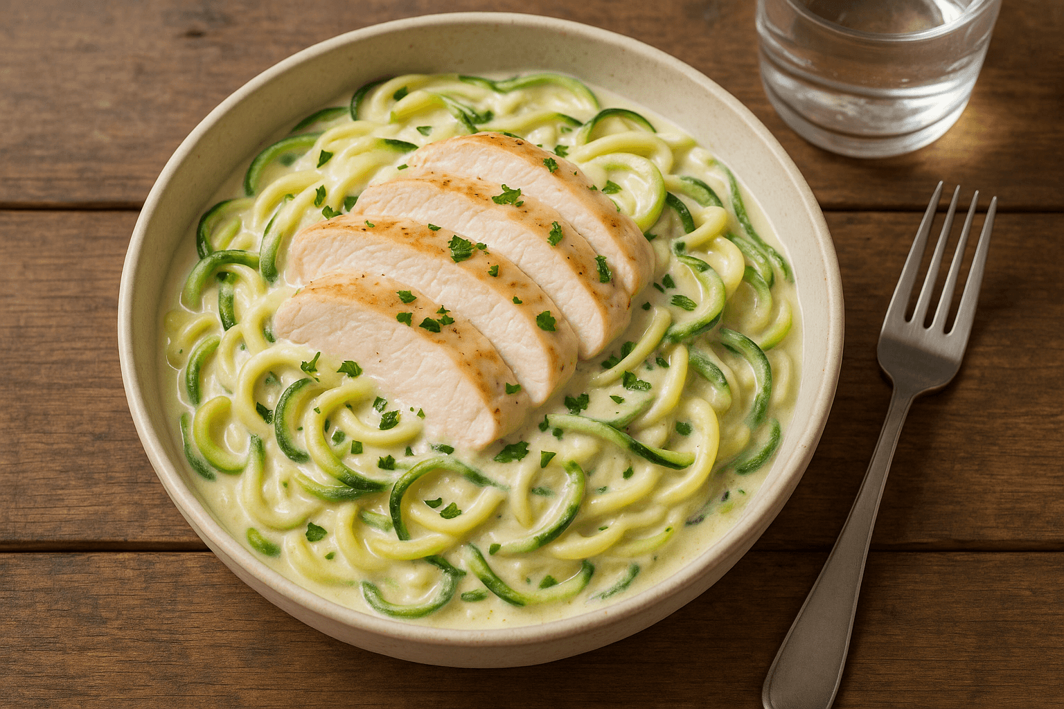 Zucchini noodle chicken alfredo with creamy sauce and sliced chicken breast served in a bowl