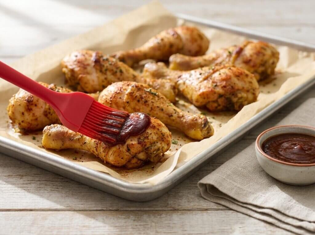 Seasoned chicken drumsticks on a baking sheet being brushed with barbecue sauce