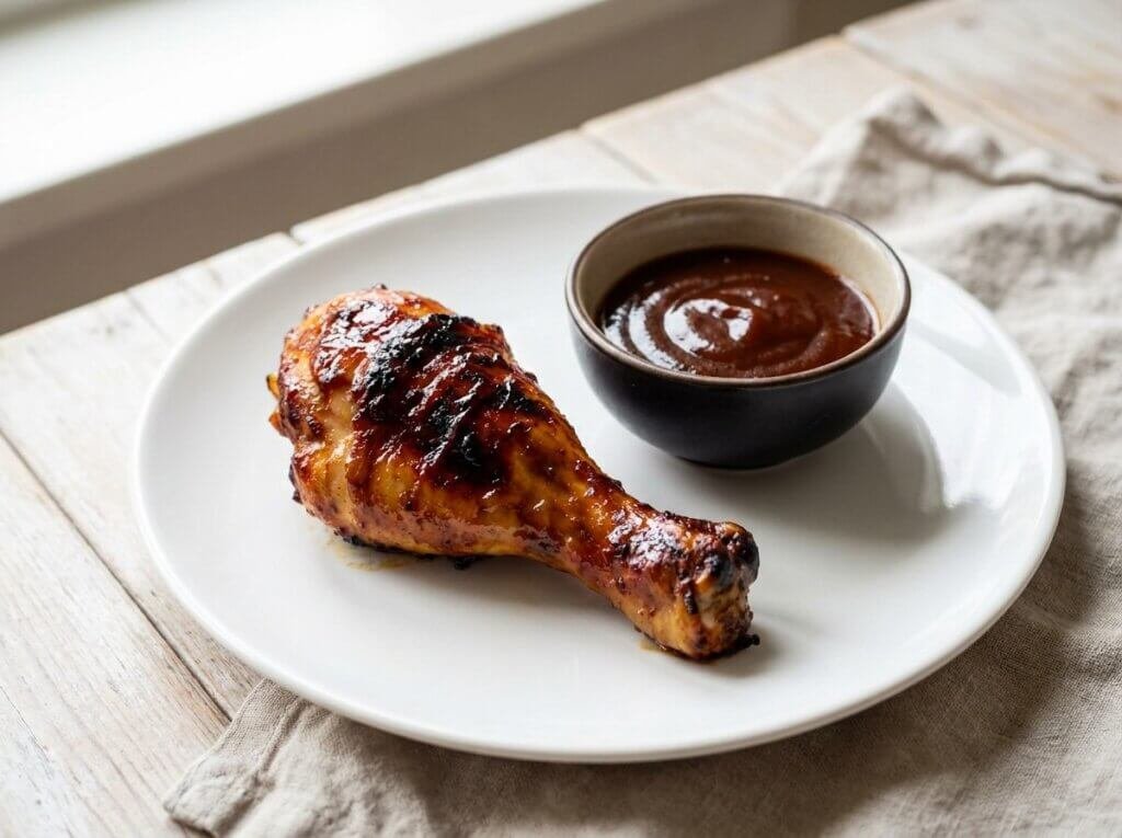 Sticky baked BBQ chicken drumstick on a plate with extra sauce for dipping