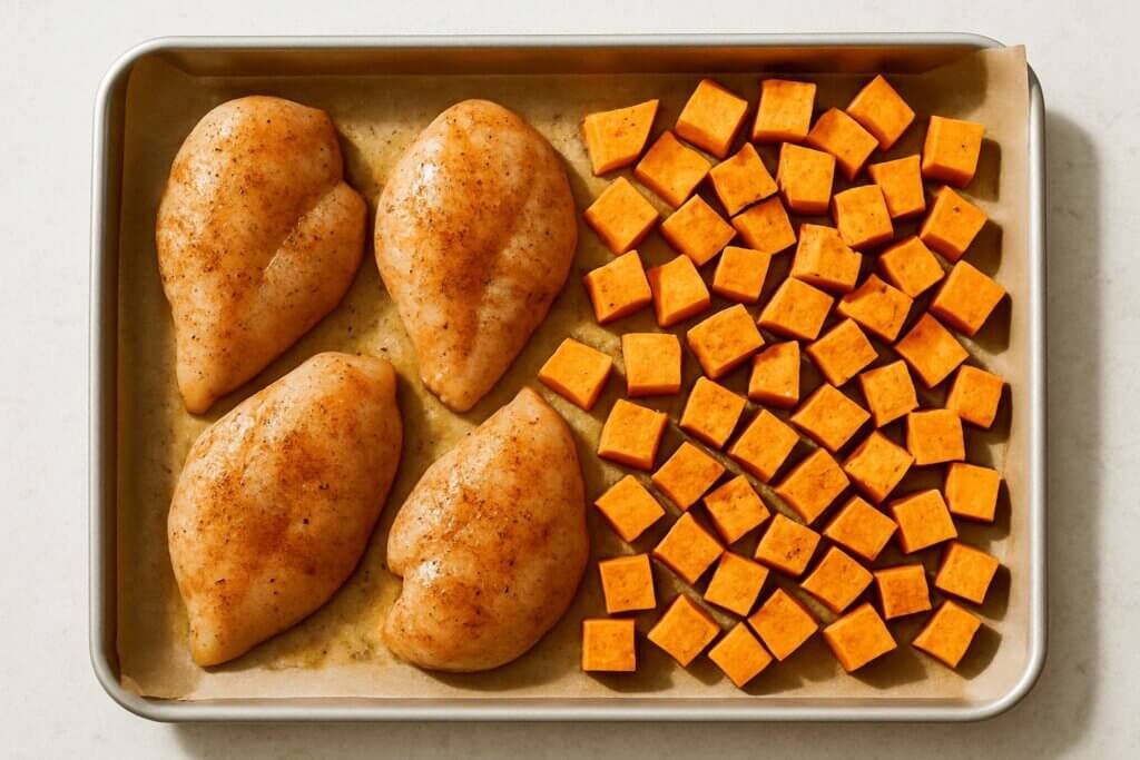 Raw seasoned chicken breasts and cubed sweet potatoes on a parchment-lined baking sheet ready to roast