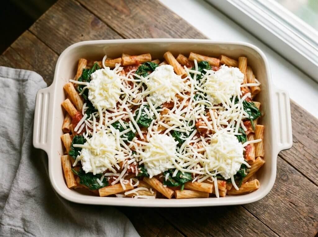 Ziti with marinara, spinach, ricotta, and mozzarella in a baking dish before baking