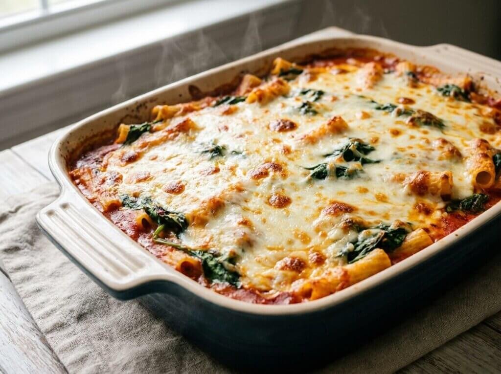 Bubbly golden baked ziti with spinach fresh out of the oven