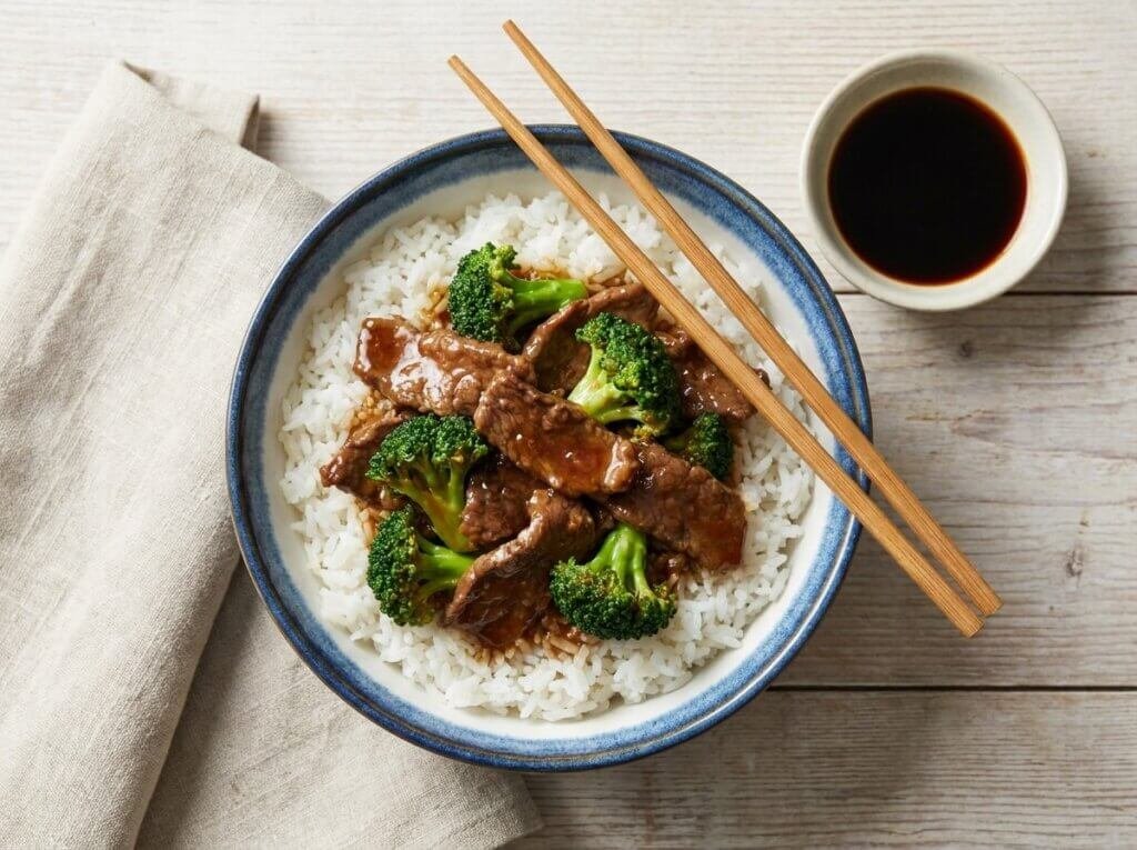 Beef and broccoli served over white rice in a bowl