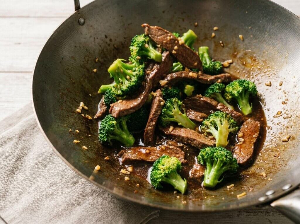 Flank steak and broccoli tossed in a glossy sauce in a wok