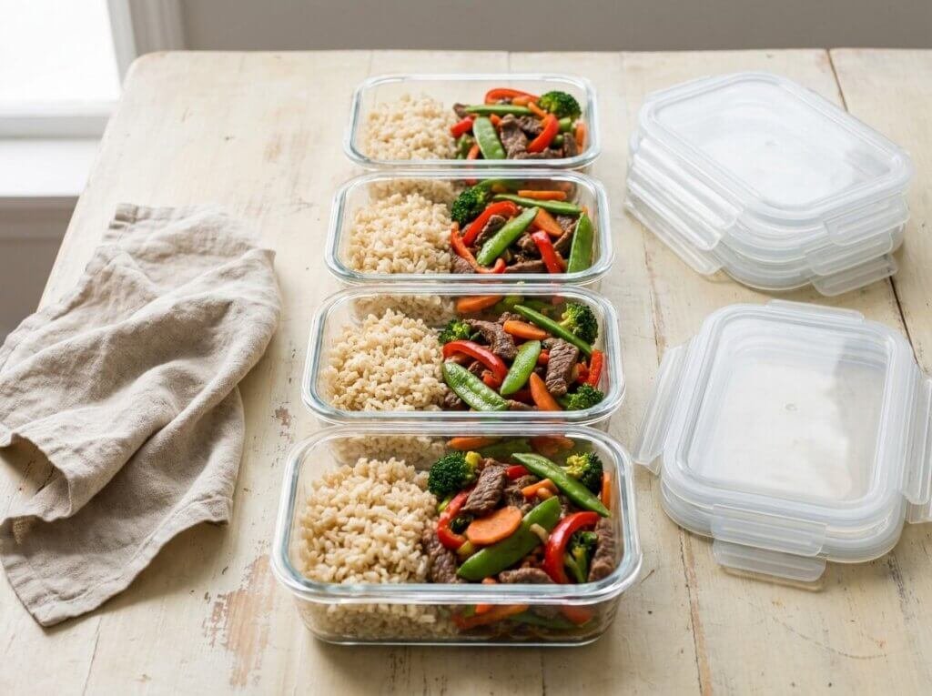 Four beef meal prep bowls with brown rice and stir-fry vegetables in glass containers
