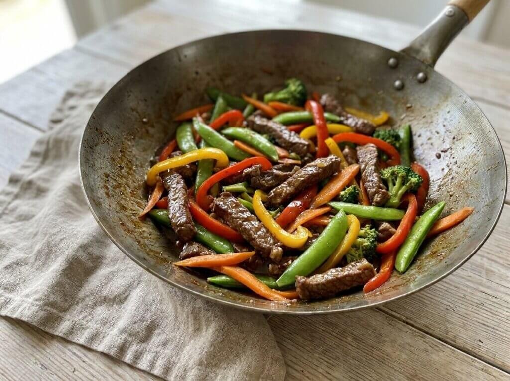 Sirloin, peppers, snap peas, carrots, and broccoli stir fried in a wok
