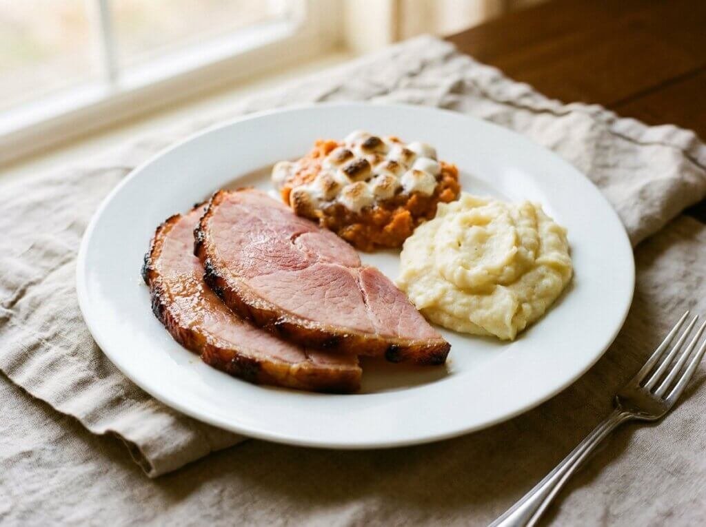 Slices of glazed spiral ham on a plate with sweet potato casserole and mashed potatoes
