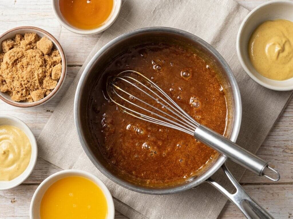 Brown sugar ham glaze simmering in a small saucepan