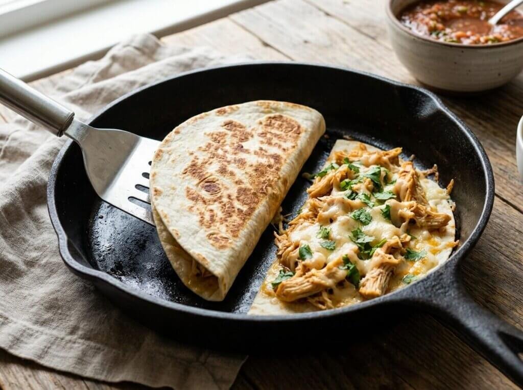 Chicken and melted cheese filling a flour tortilla in a skillet