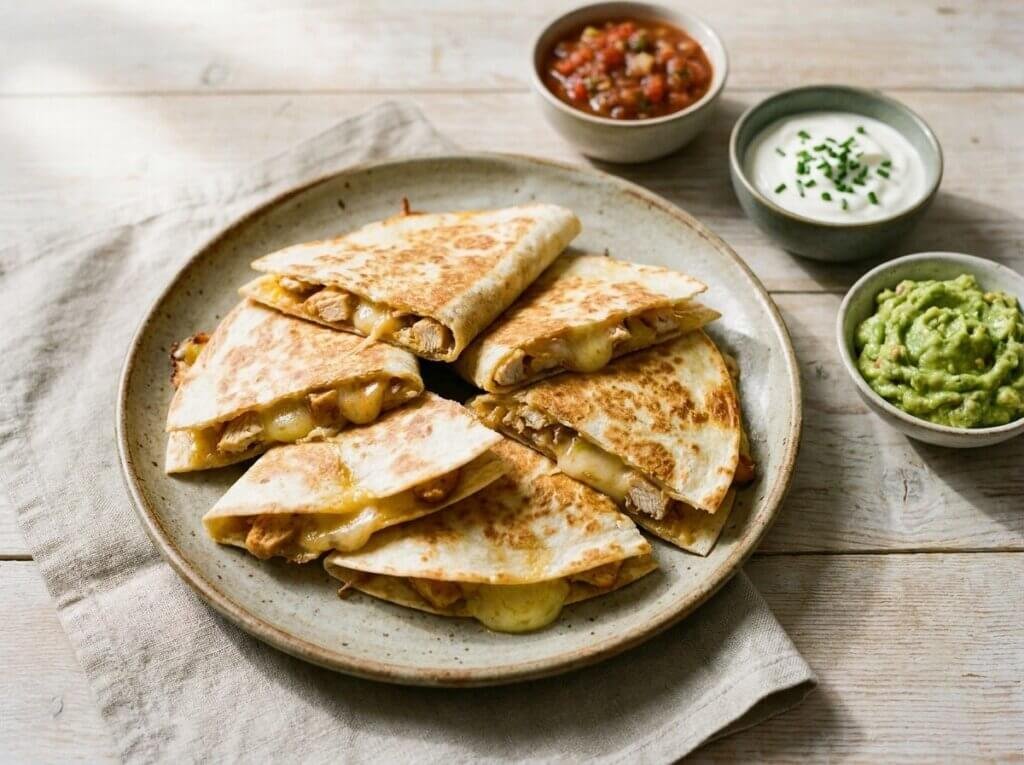 Cut chicken quesadilla wedges with salsa, sour cream, and guacamole