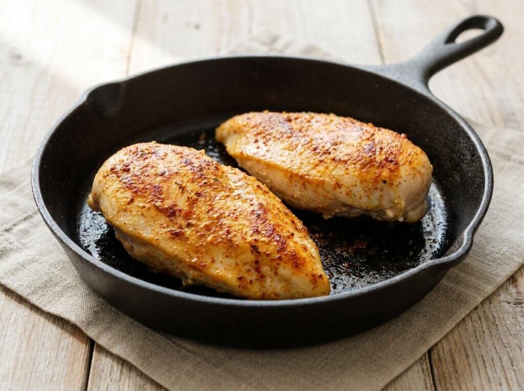 Seasoned chicken breasts searing in a skillet